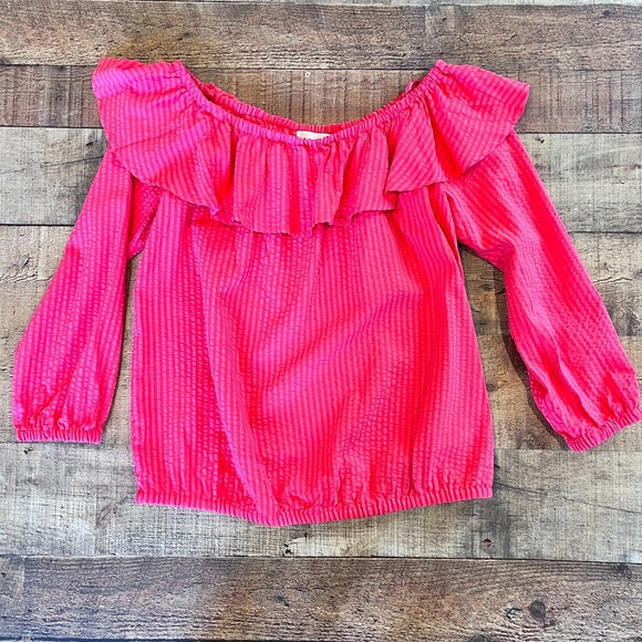 Michael Kors Seersucker Sangria Off the Shoulder Blouse Small NEW - Picture 8 of 11